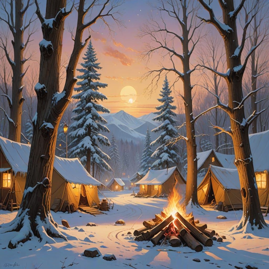 Serene Winter Campsite in Cozy Realistic Style