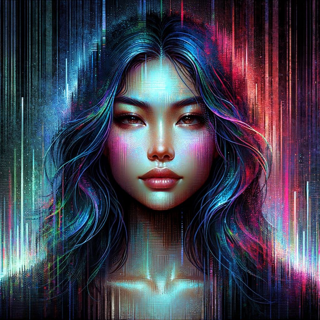 Serene South Asian Woman with Cyberpunk Glitch Art