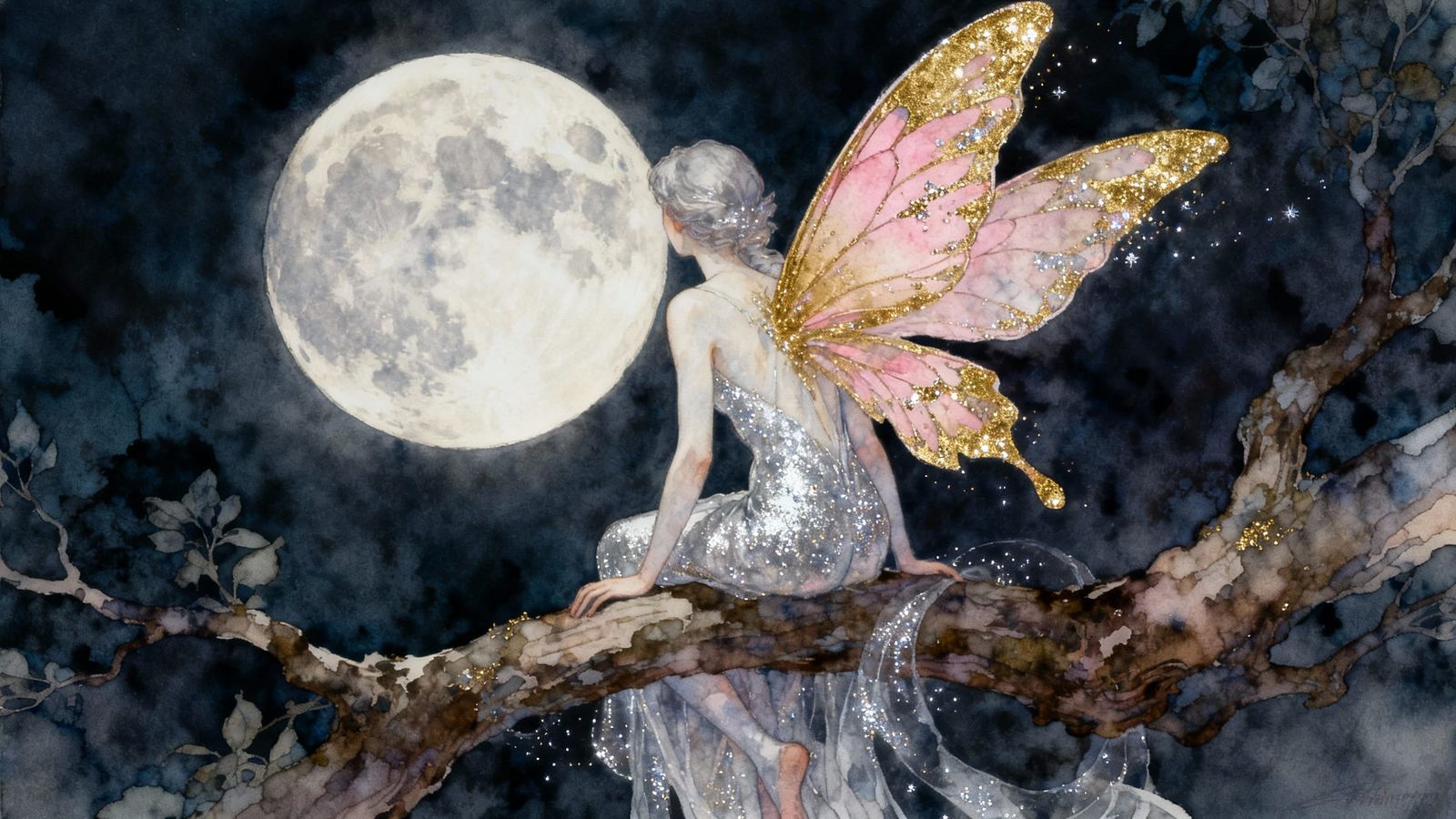 Ethereal Fairy Gazes at Full Moon in Vibrant Artwork