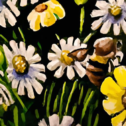 Surreal Flower Field with Daisies and Bumblebees