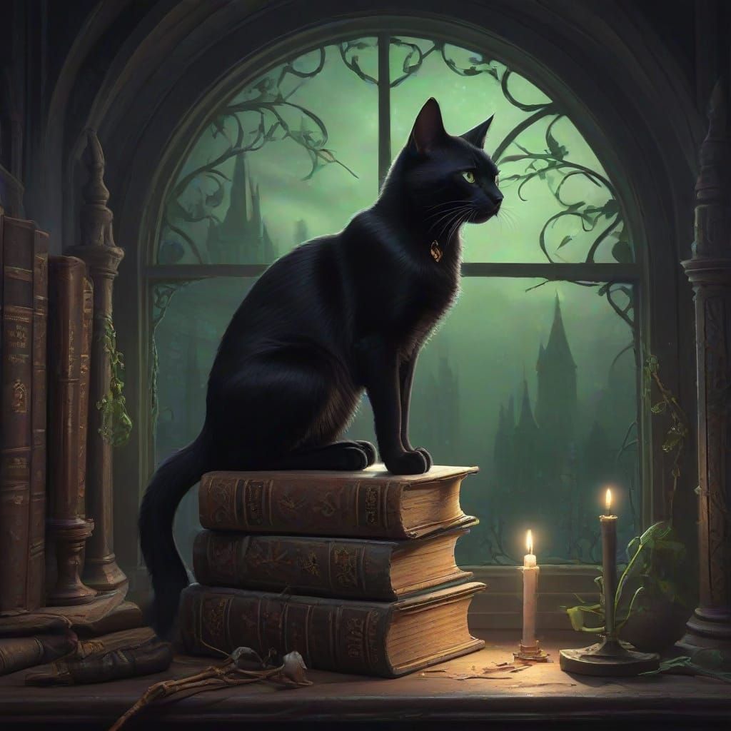 Mysterious Black Cat Familiar in Arcane Study