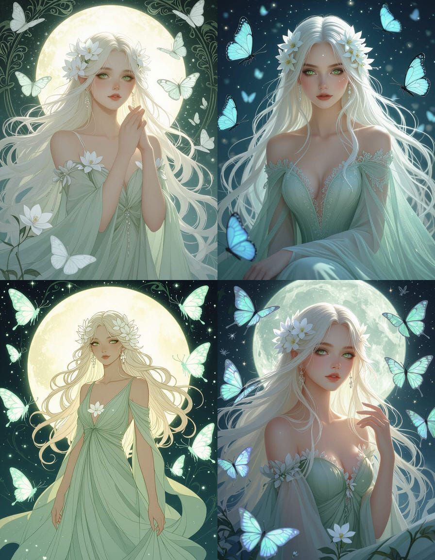 Ethereal Moon Maiden With Pale Green Dress And Moon Moths