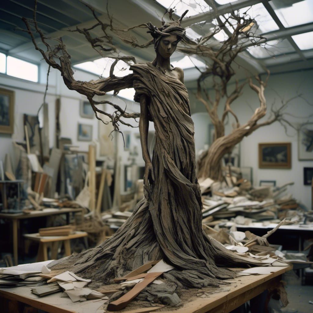 Surreal Dryad Sculpture in Dimly Lit Studio