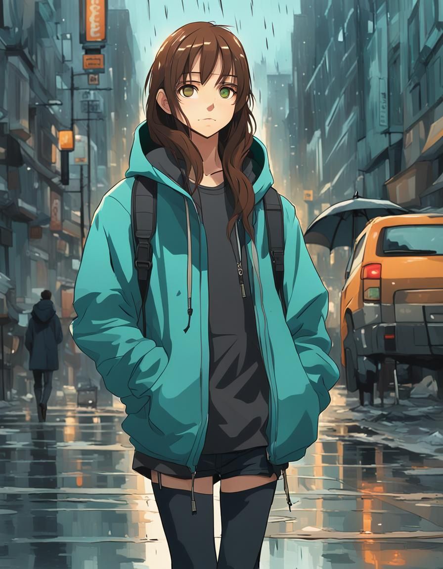 Anime Style: Girl in Teal Hoodie on Rainy Day