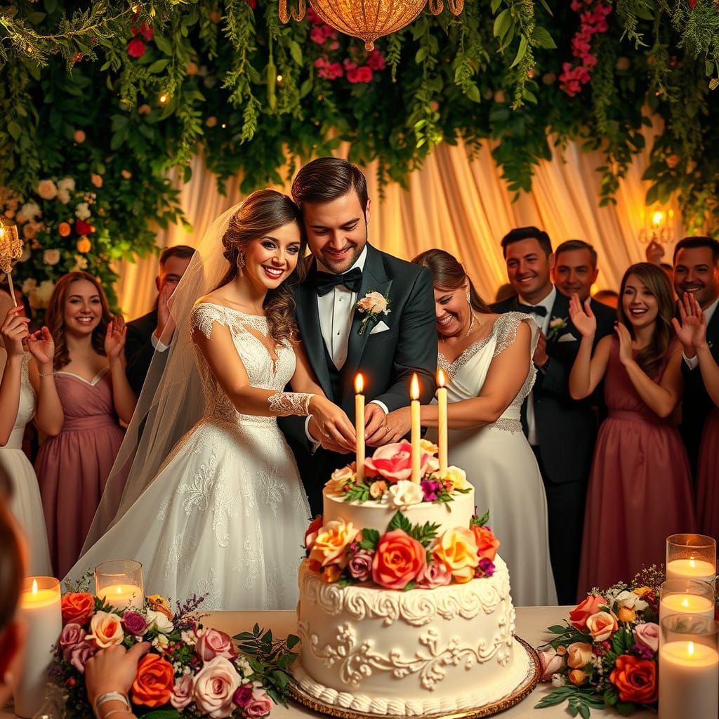 Joyful Wedding Celebration in Whimsical Dreamlike Setting