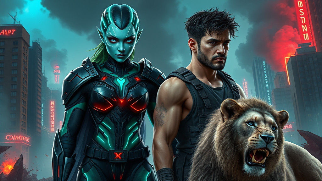 Emerald Alien Warrior in Dystopian Cityscape