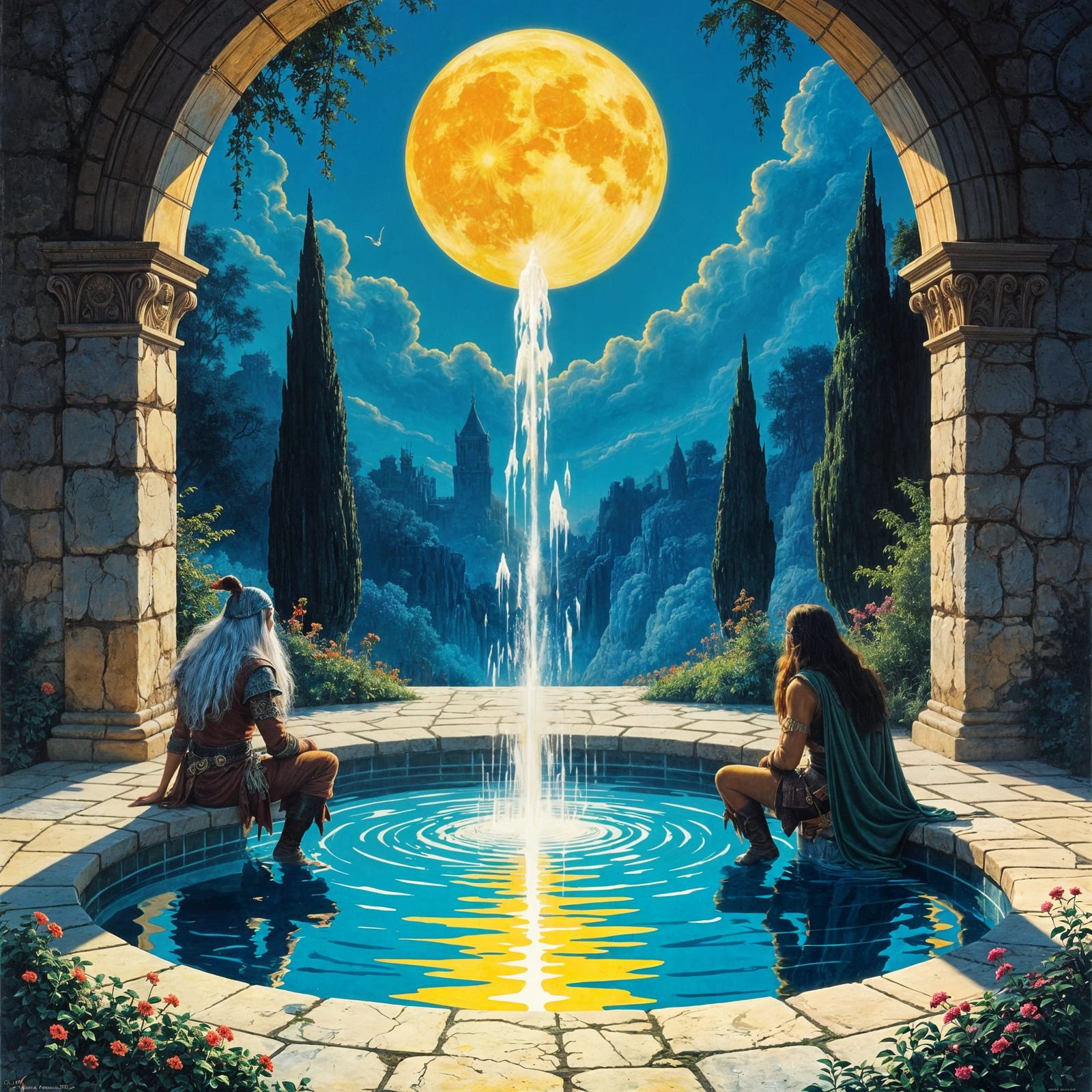 Fantasy Fountain With Travelers, Vintage Illustration