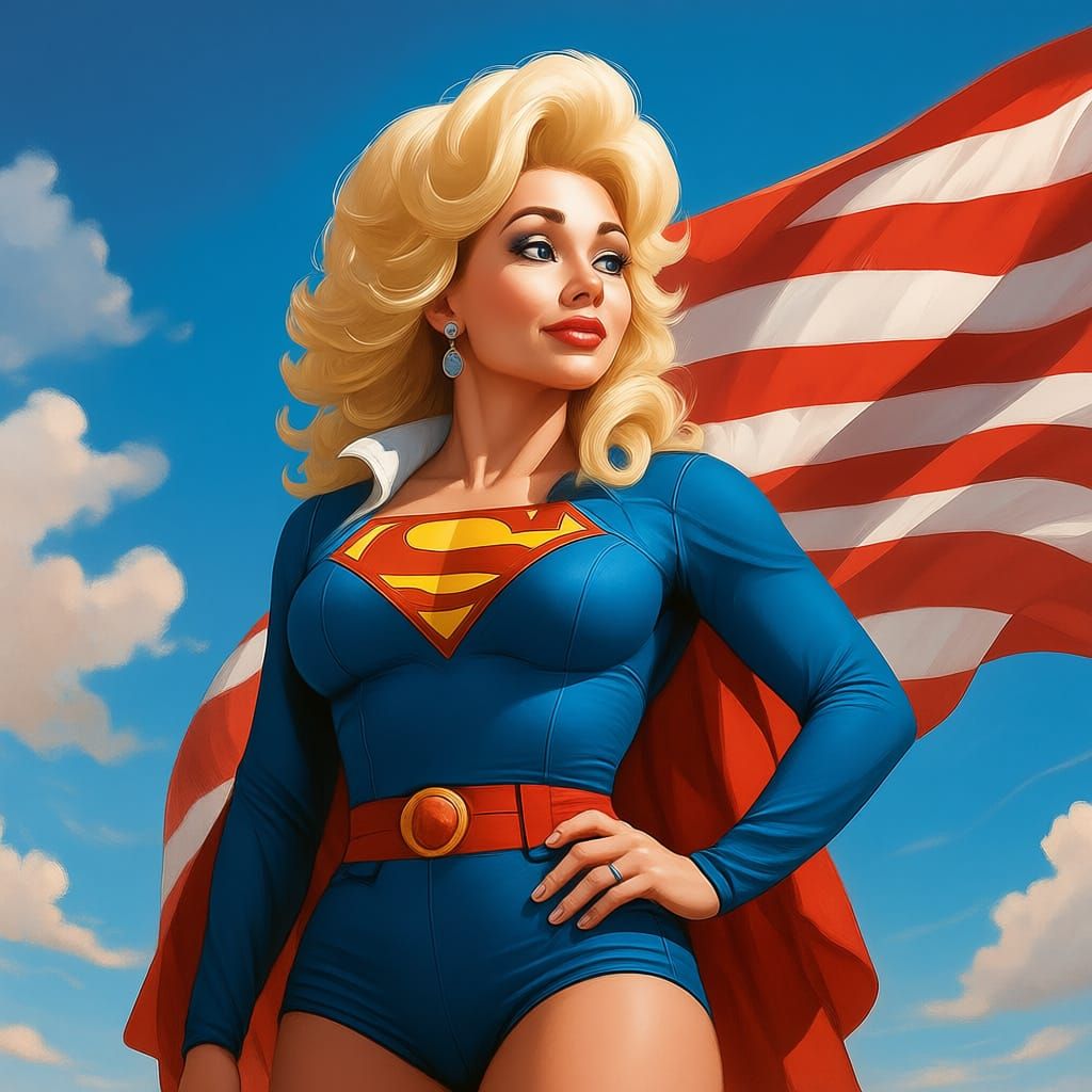 Dolly Parton as Superman, American Flag Background