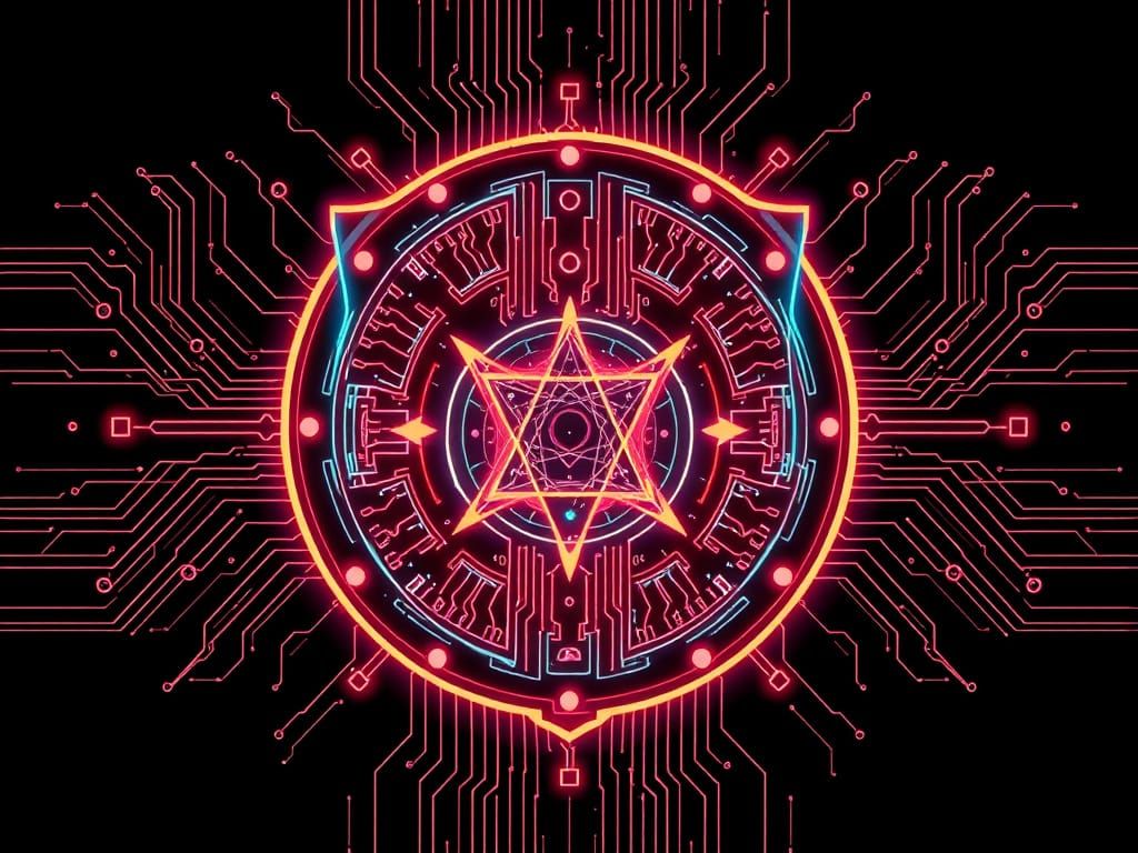 Retrofuturistic Shield in Teslapunk Style with Fractal Circu...