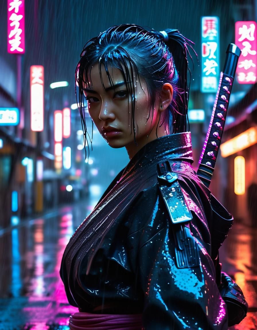 Cyberpunk Warrior in Rainy City, Manga Style