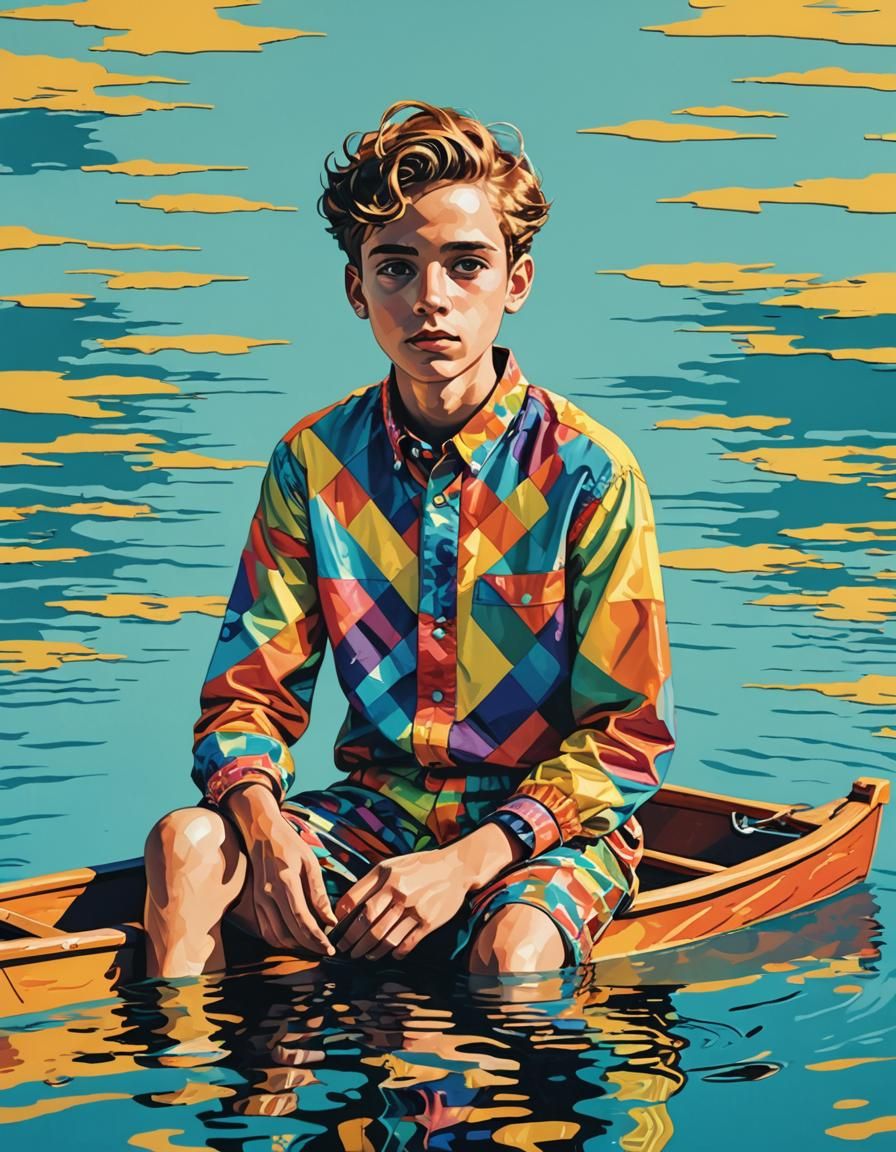 Pop Art Boy on Boat in Clear Water