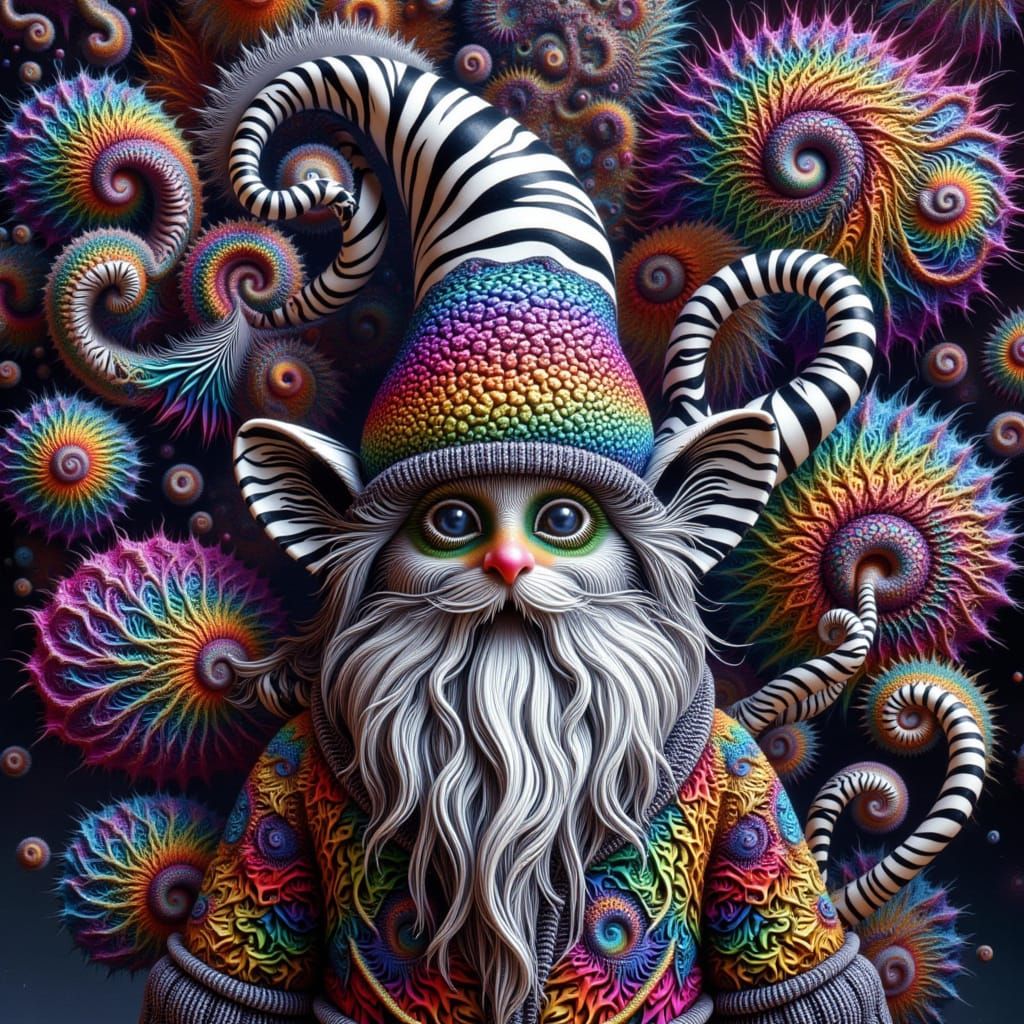 Whimsical Gnome with Fractal Hat in Psychedelic Style