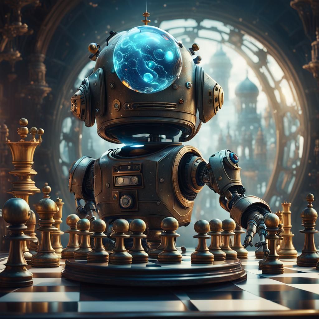 Robot TV Head Plays Chess: Detailed Matte Painting