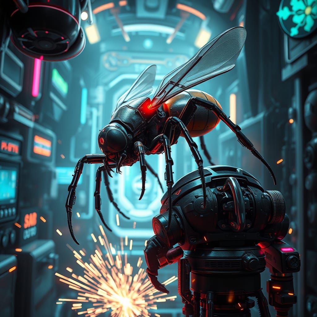 Cybernetic Spider Extracts Energy in Futuristic Lab