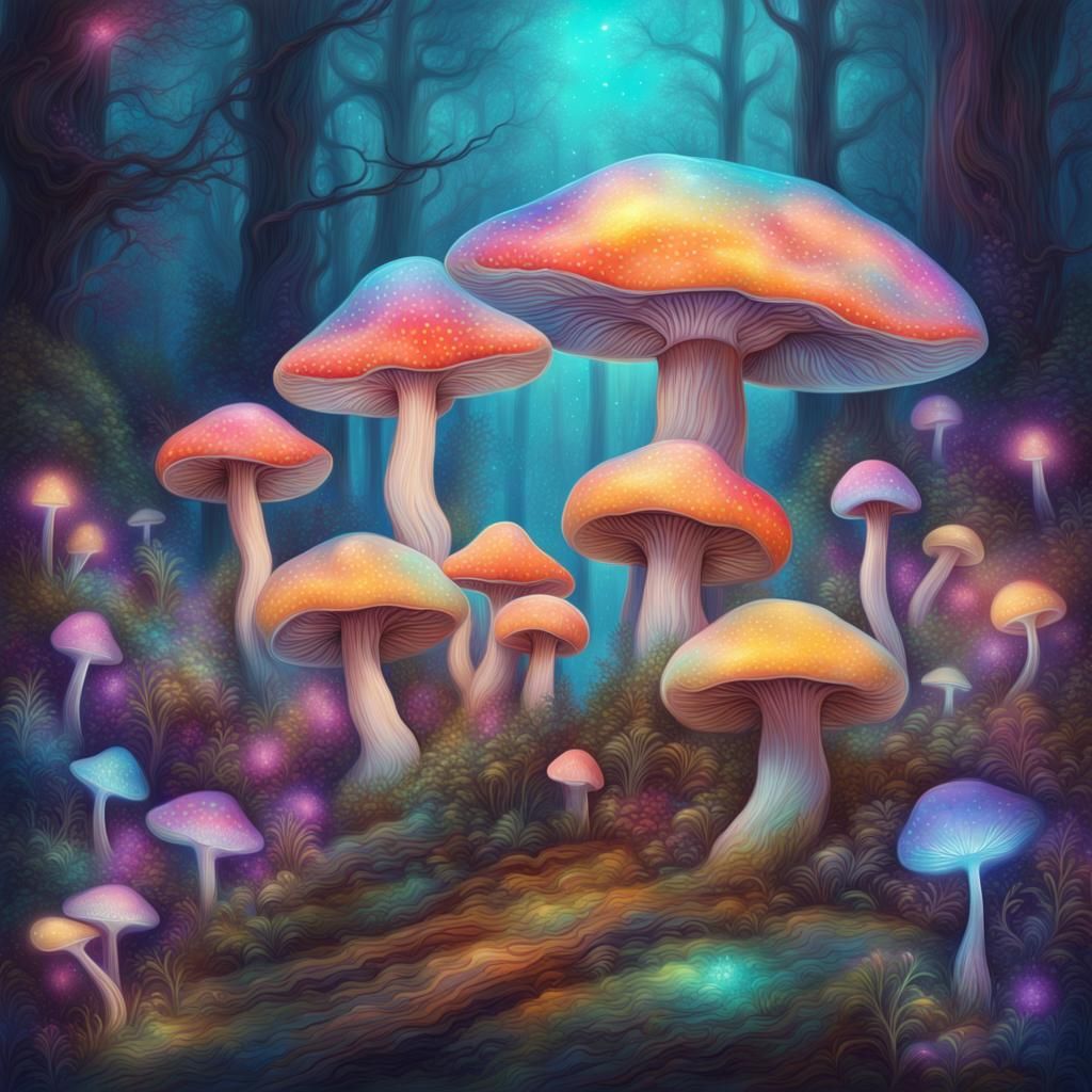 Dreaming Wood with Glowing Mushrooms, Astral Illustration