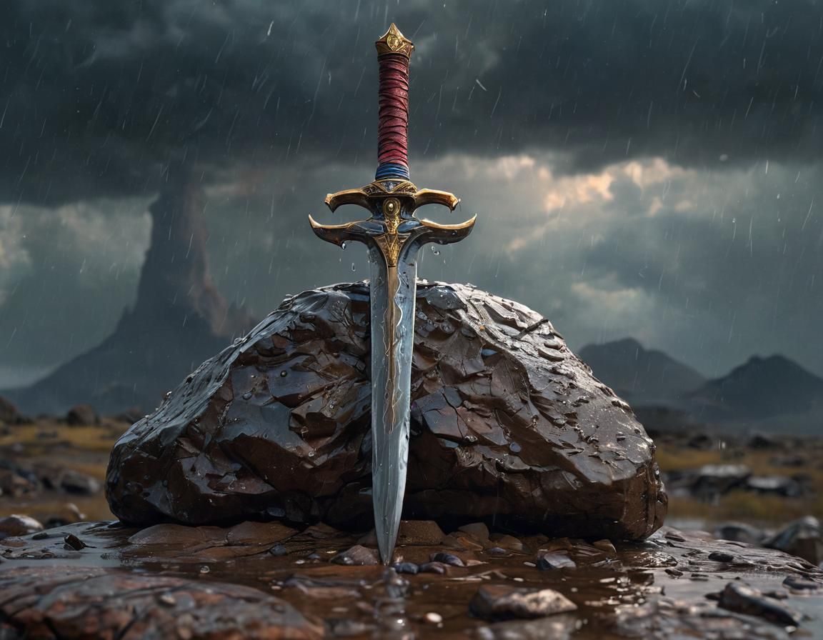 Sword in Stone on Rainy Plain, Rutkowski Style