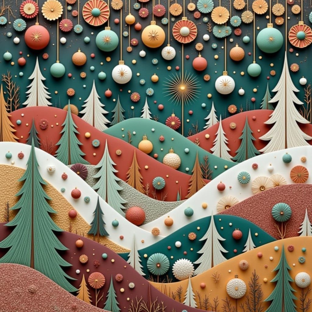 Folk Art Christmas Panel with Swirling Hills