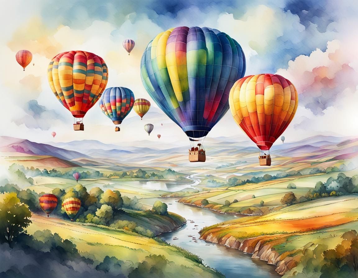 Colorful Hot Air Balloons in Watercolor Landscape