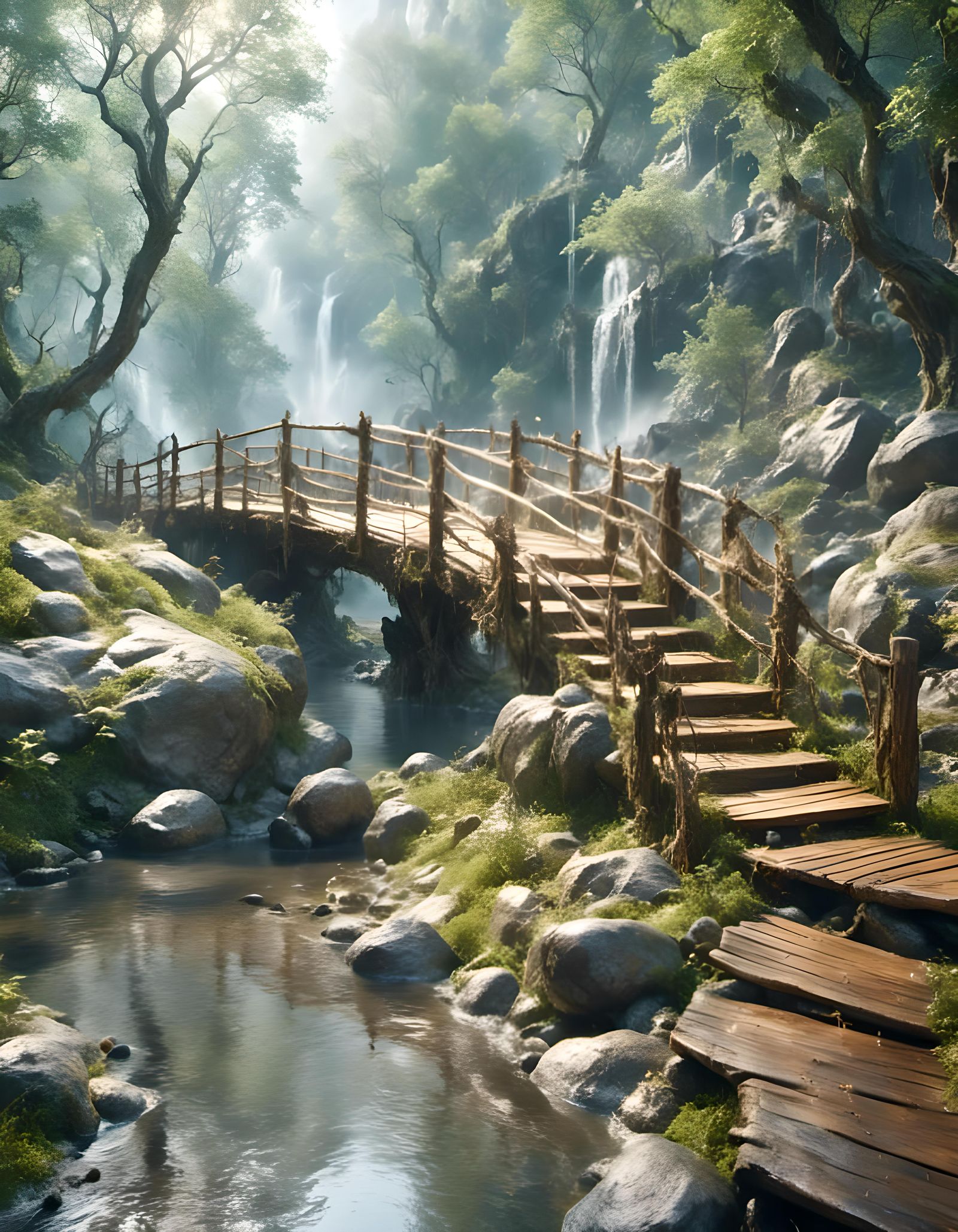 Photorealistic Forest Walkway with Water and Rocks