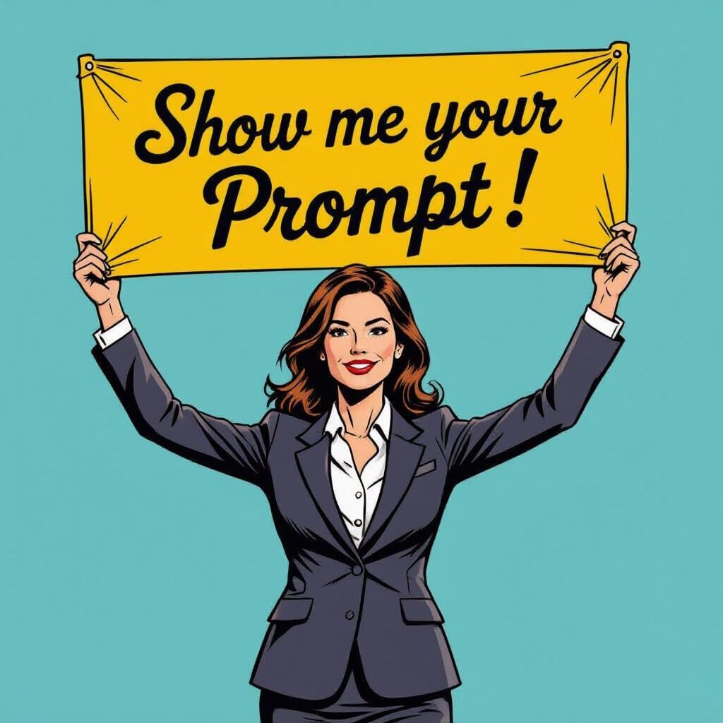Business Woman Holds "Show Me Your Prompt!" Banner