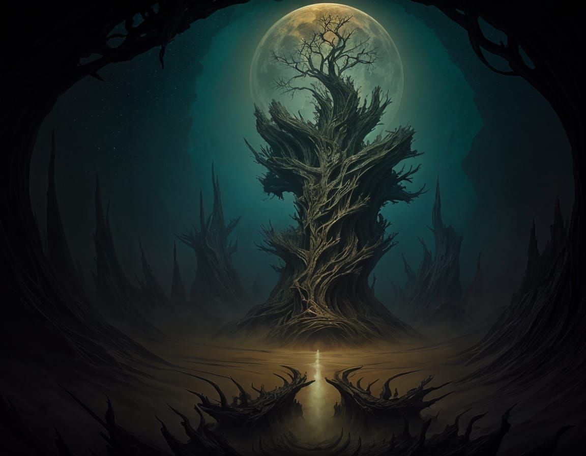 Surreal Tree-Like Structure Against Dramatic Sunset