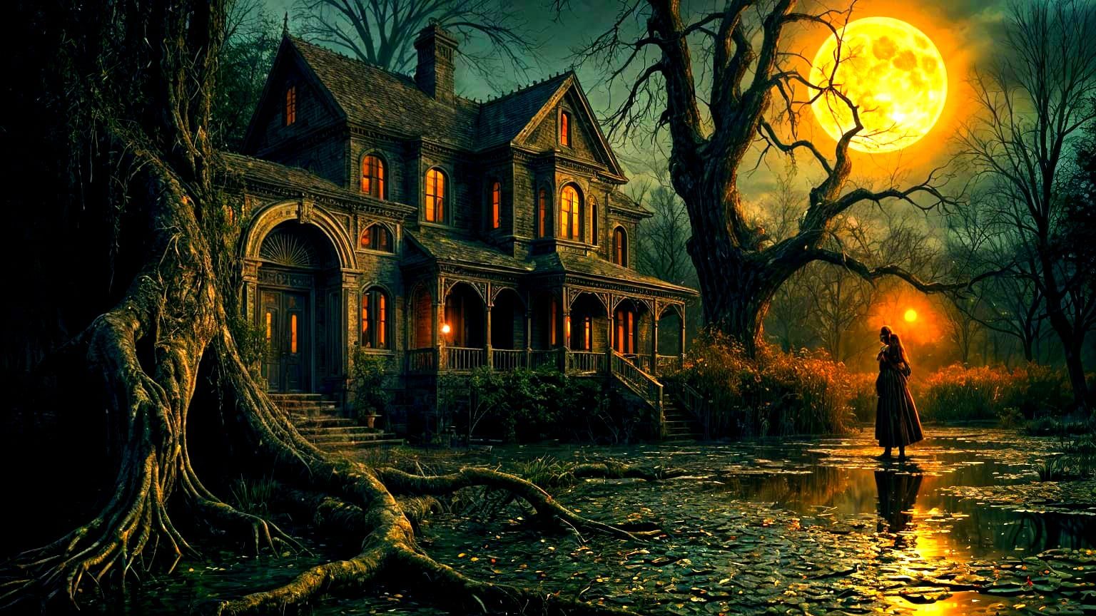 Eerie Victorian House in Gothic Swamp Illustration