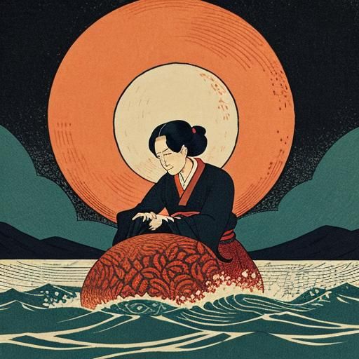 Old Woman Finds Giant Peach: Ukiyo-e Block Print