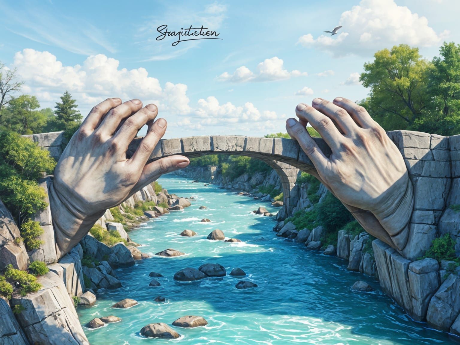 Stone Hands Support Bridge Over River