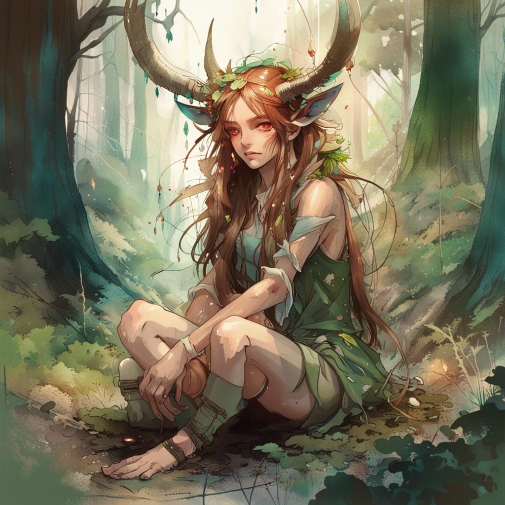 Anime Fae with Horns in Forest