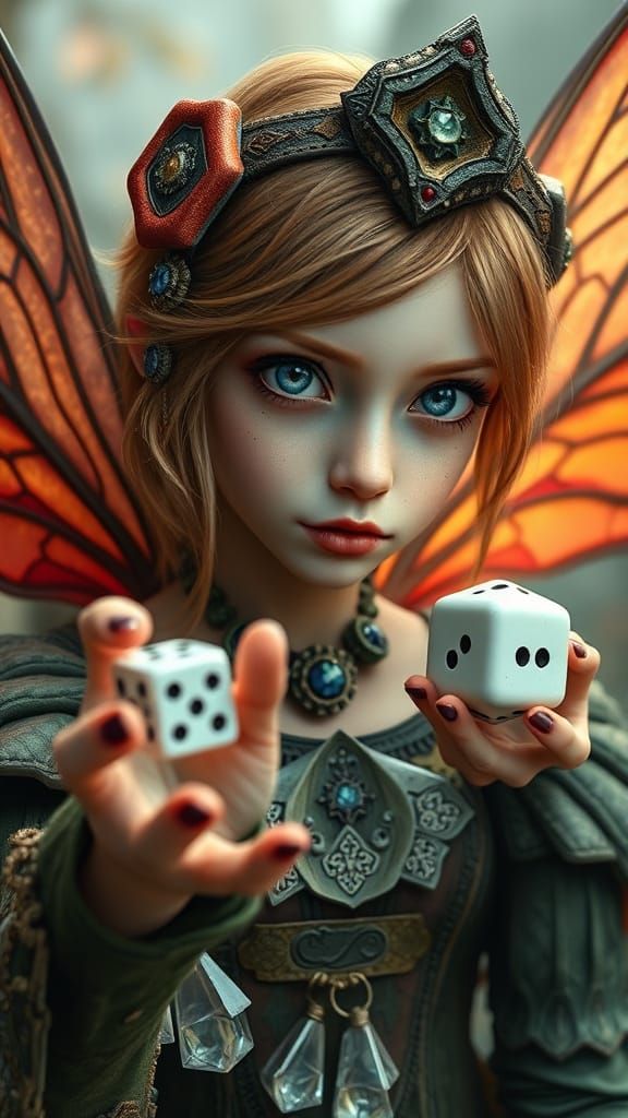 Gothic Academia Pixie with Dice in Dreamcore Style