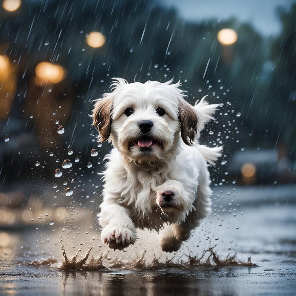 Joyful Havanese Puppy Splashing in Rain Puddle