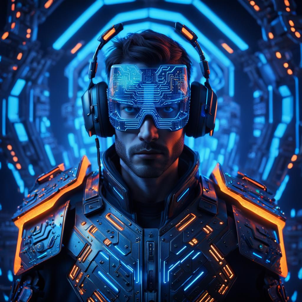 Futuristic Musician in High-Tech Chamber: Cyberpunk Art