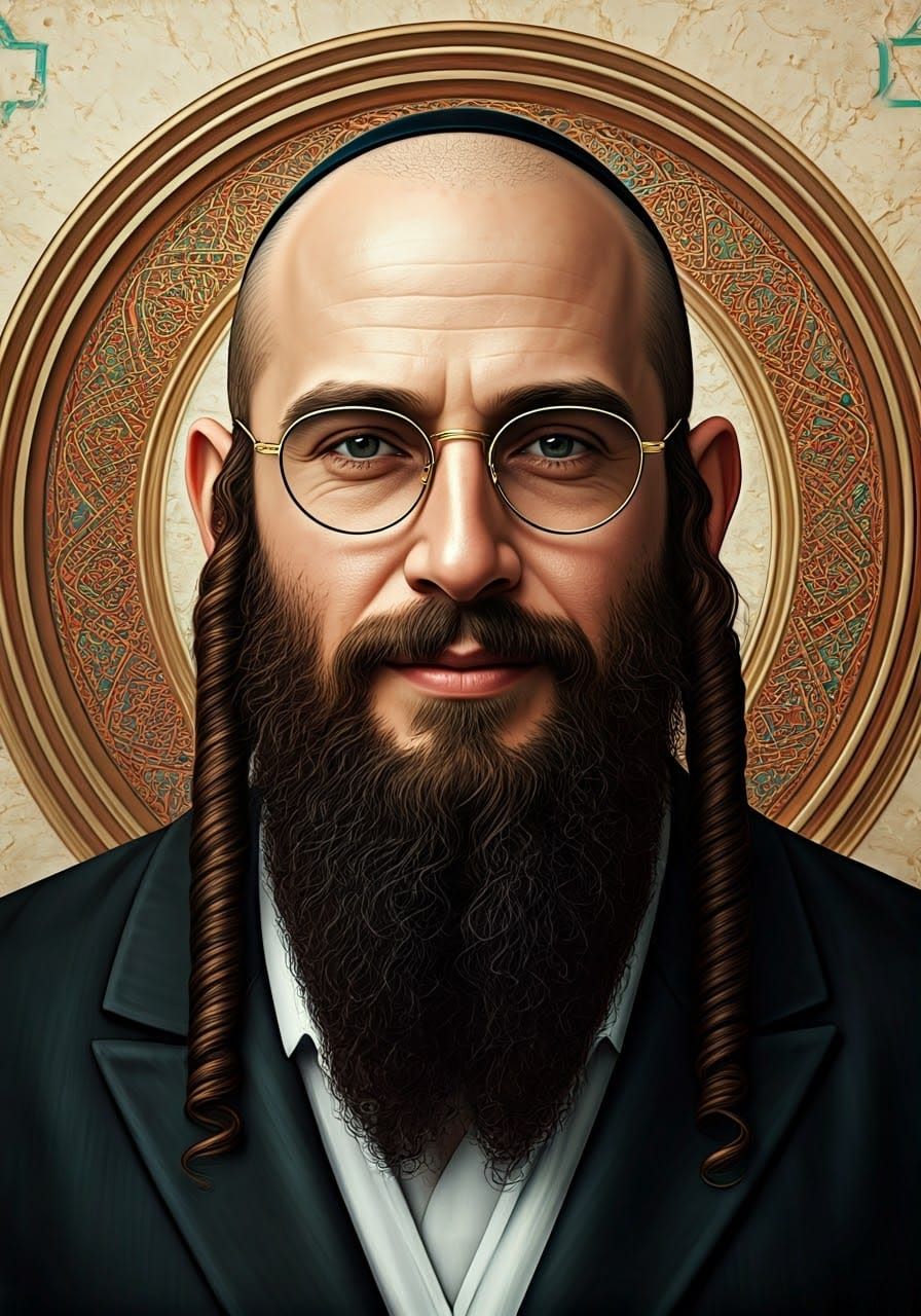 A handsome Haredi Hasidim Jew, with a bald head of hair 0000 and two curling wigs on both sides. Arranged in a studio ph...