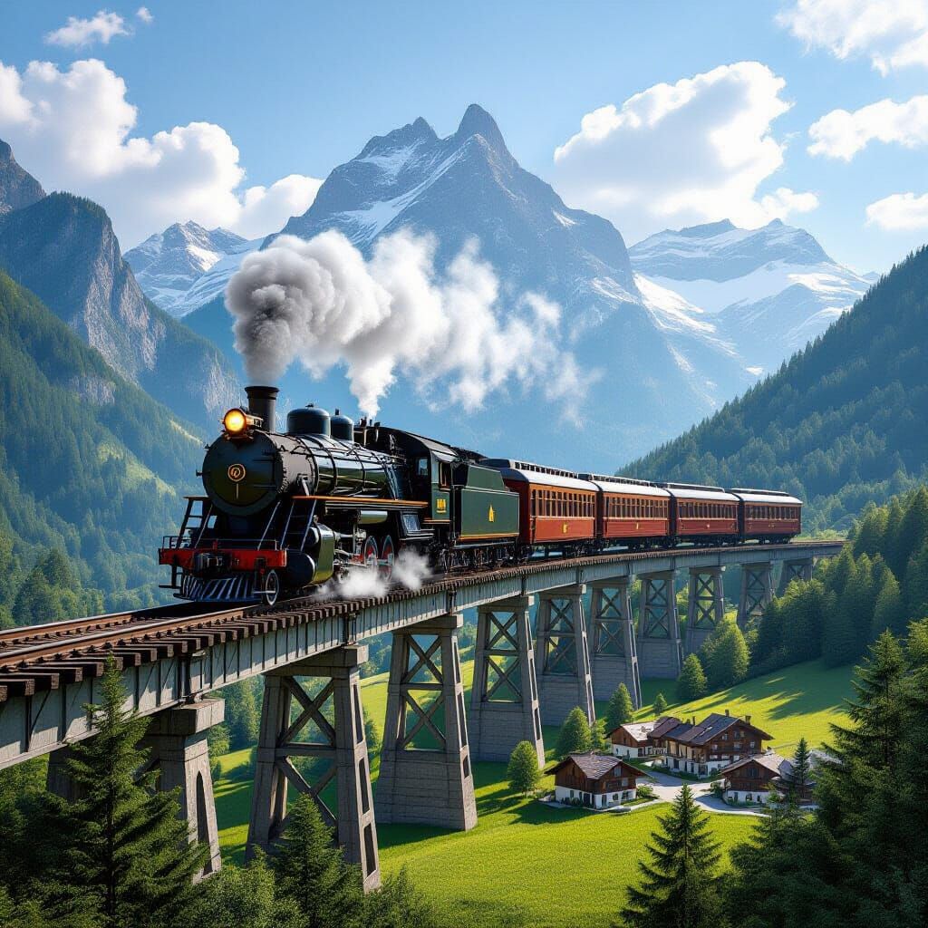 Hyperrealistic Steam Locomotive on Mountain Bridge