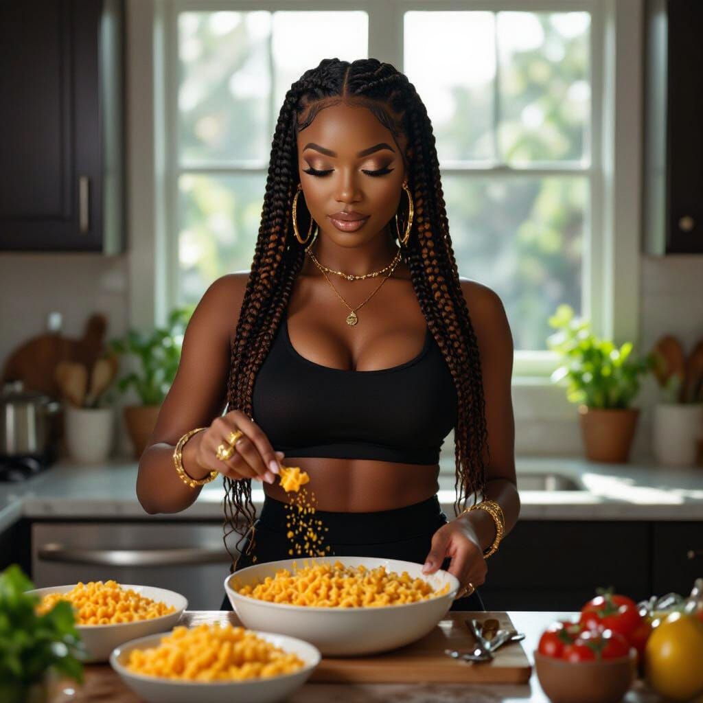Glamorous Black Woman Cooking Mac and Cheese