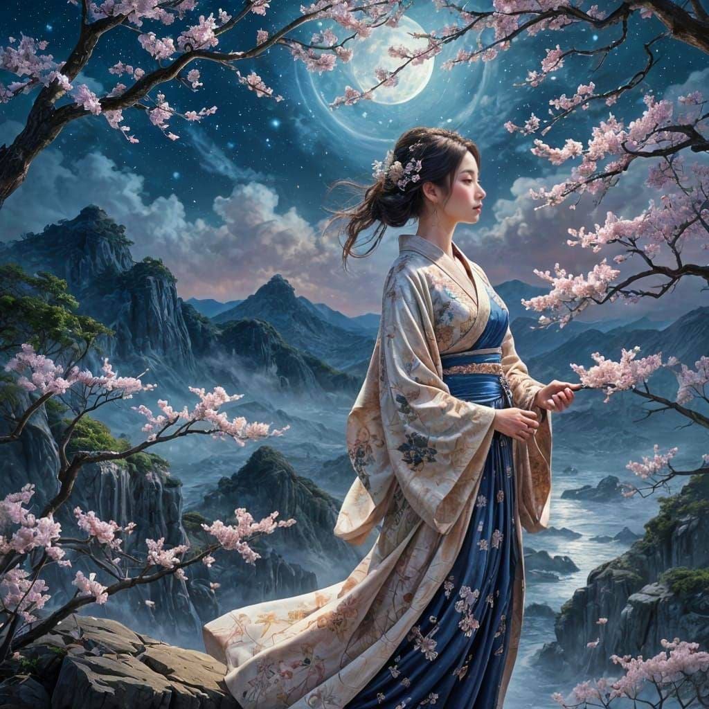Woman in Kimono Under Moonlit Sky: Ukiyo-e Style