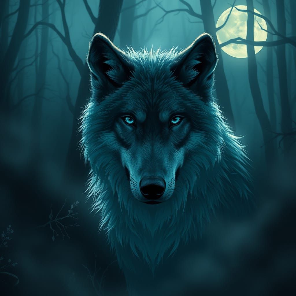 Wolf in Lunar Forest, Mysterious and Haunting