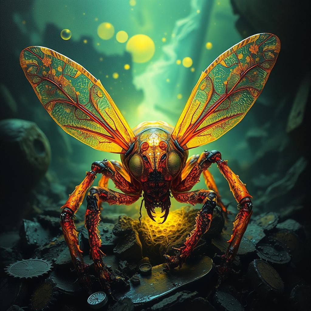 Glowing Insectoid Junkyard: Darwinism in Alcohol Ink