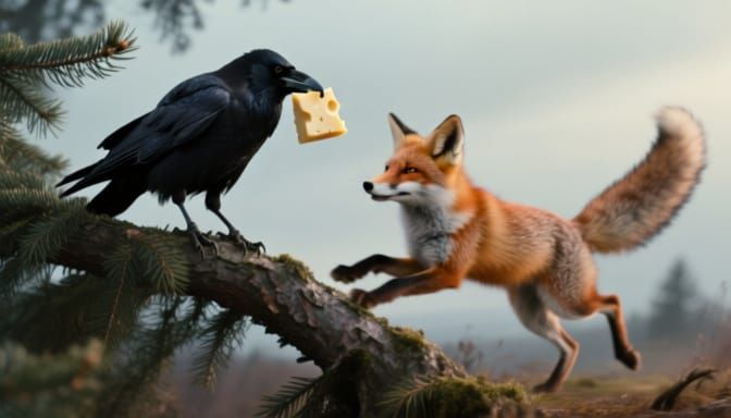 Crow With Cheese and Fox in Dramatic Cinematic Scene