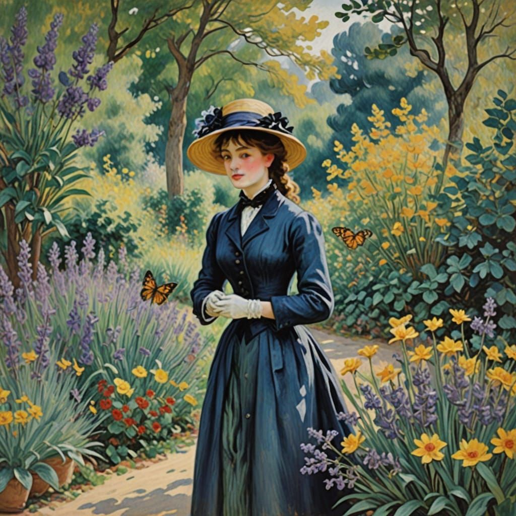 Whimsical French Garden Scene in Impressionist Style