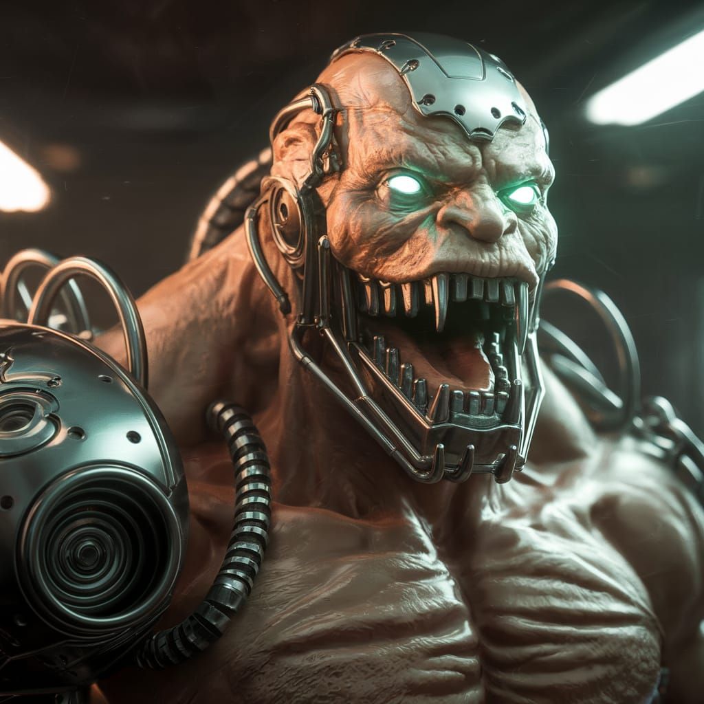 Steel Trap Cyborg with Fiery Turquoise Eyes