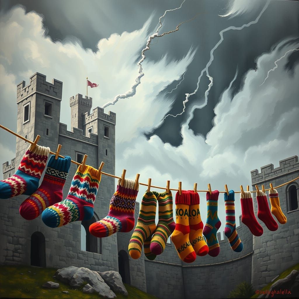 Vibrant Socks Sway in the Turbulent Air of a Medieval Castle