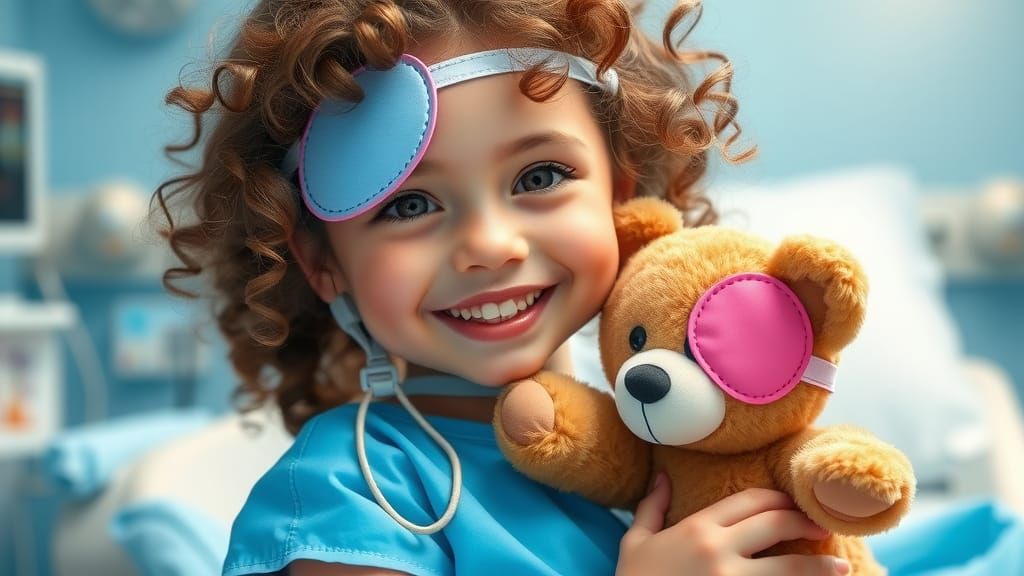 Happy Girl with Teddy Bear in Hospital Setting