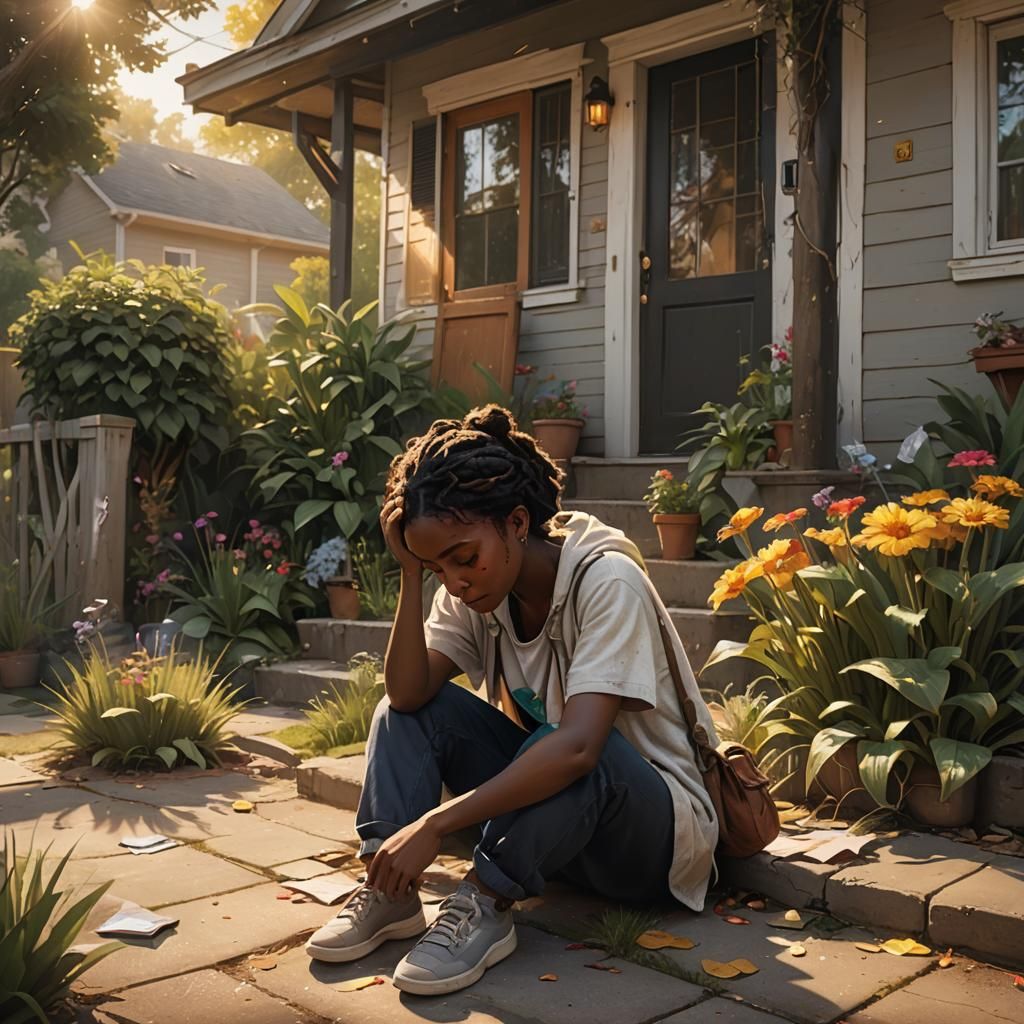 Sad Girl in Garden: Hyperrealistic Digital Art