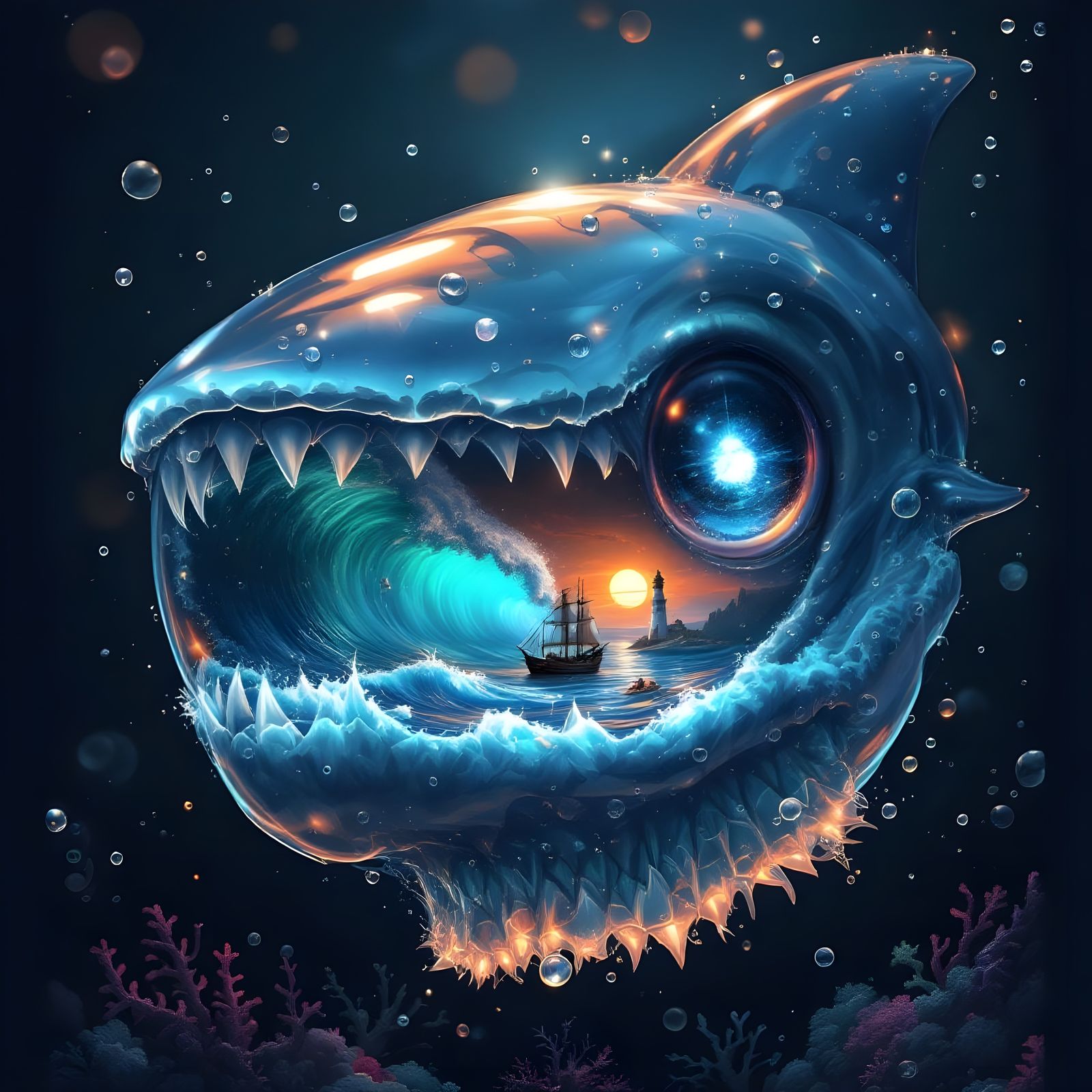 Transparent Shark Monster with Ship Scene