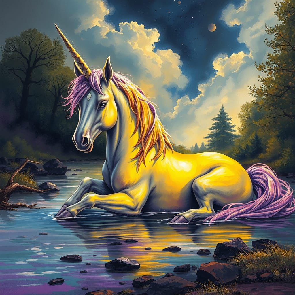 Majestic Unicorn by River in Alcohol Ink Style