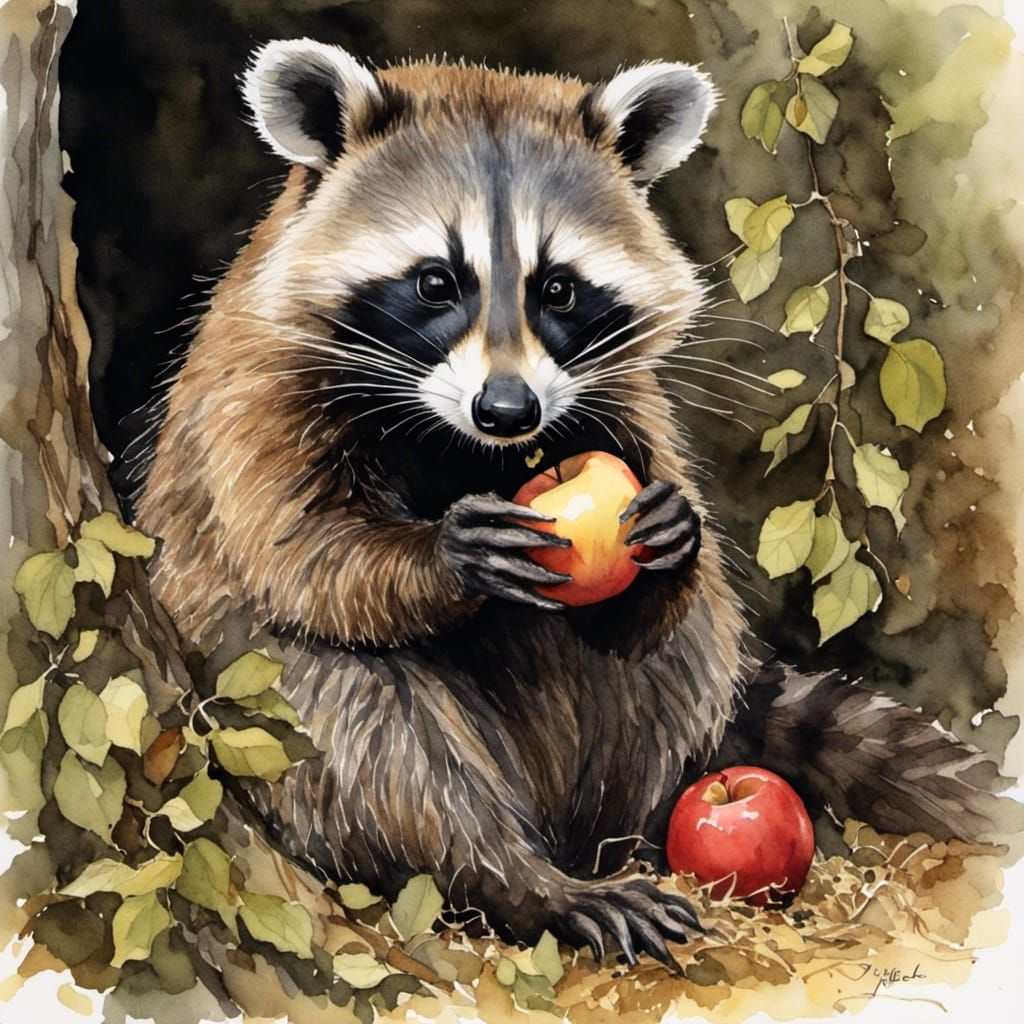 A raccoon eating an apple