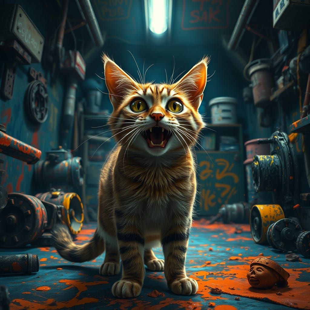 Whimsical Cat Amidst a Vibrant Paintstorm in a Cluttered Gar...