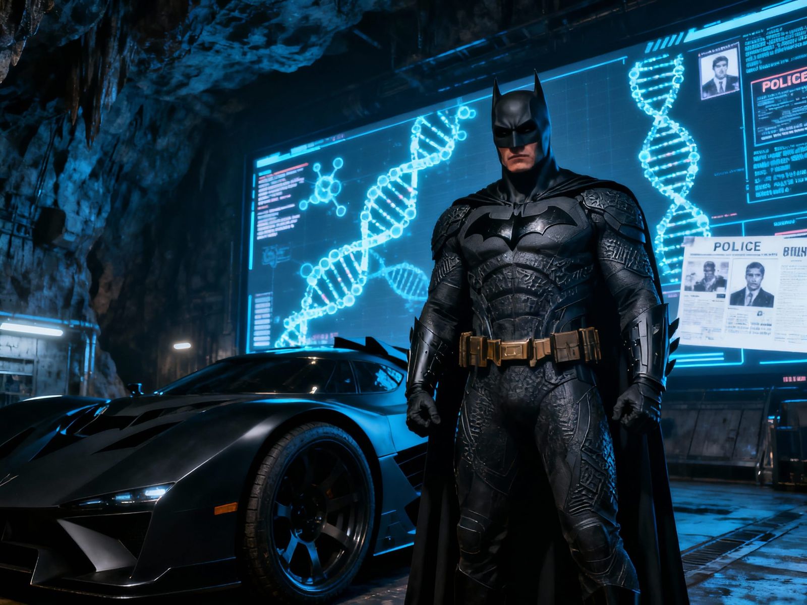 Batman in Batcave with Digital Screens, Polar Noir Style