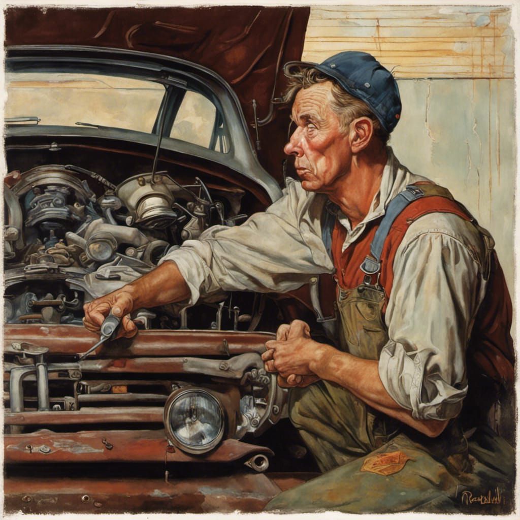 Classic Car Mechanic in Rockwell Style